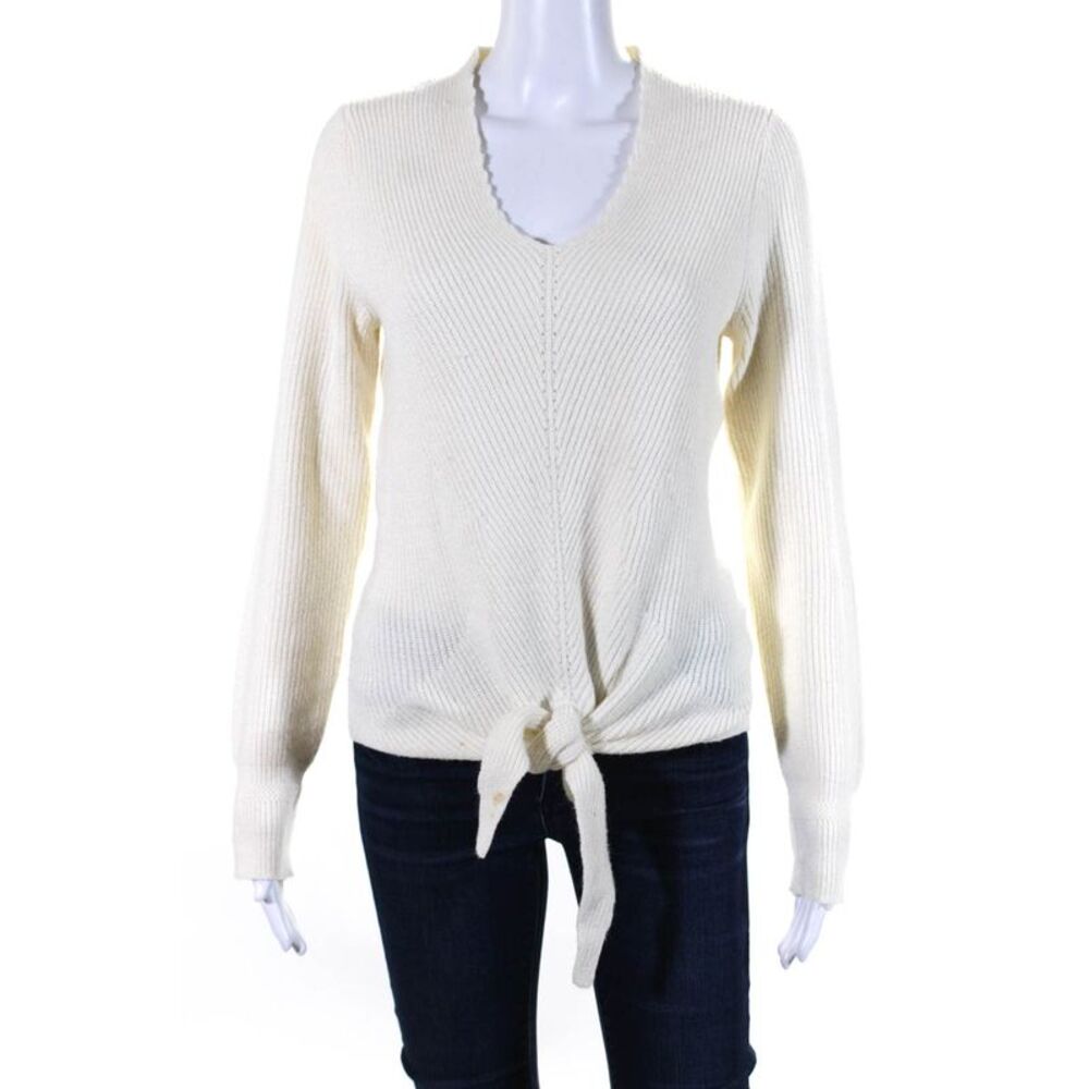 Moth Anthropologie Womens Ribbed Knit V Neck Tie Front Sweater White Size Small